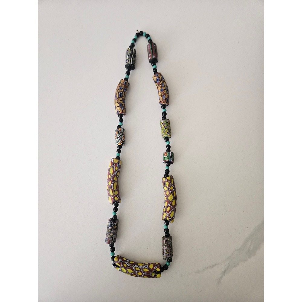 Rare Antique Venetian Millefiori African Trade Bead Necklace Original Cord Heavy